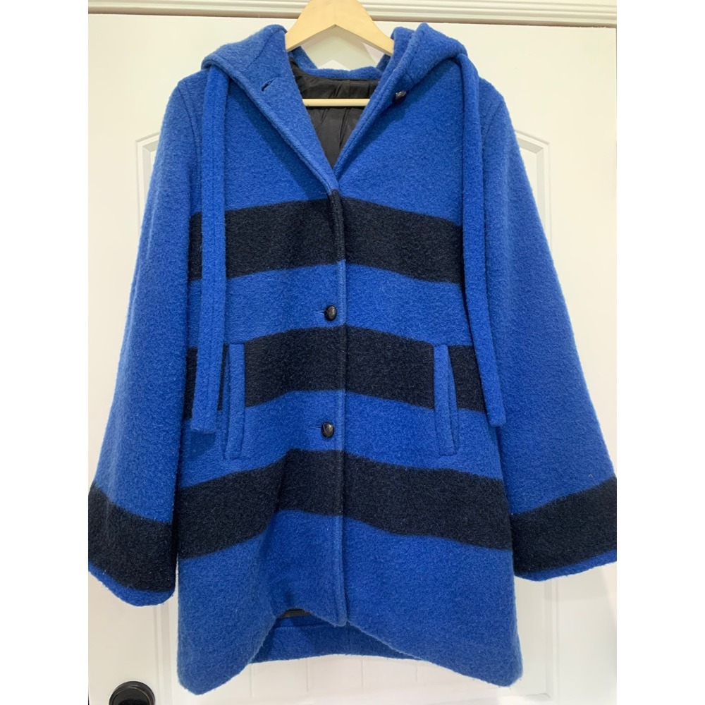 Woolrich Woman Vintage Blue Black Striped Wool Hooded Coat Made in USA Sz L READ
